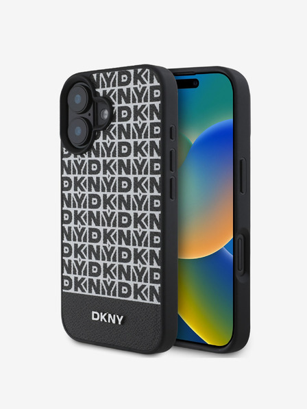 DKNY DKNY PU bőr ismétlődő mintás alsó csíkos MagSafe hátlap iPhone 16 Plus fekete színű iPhone 16 Plus-hoz