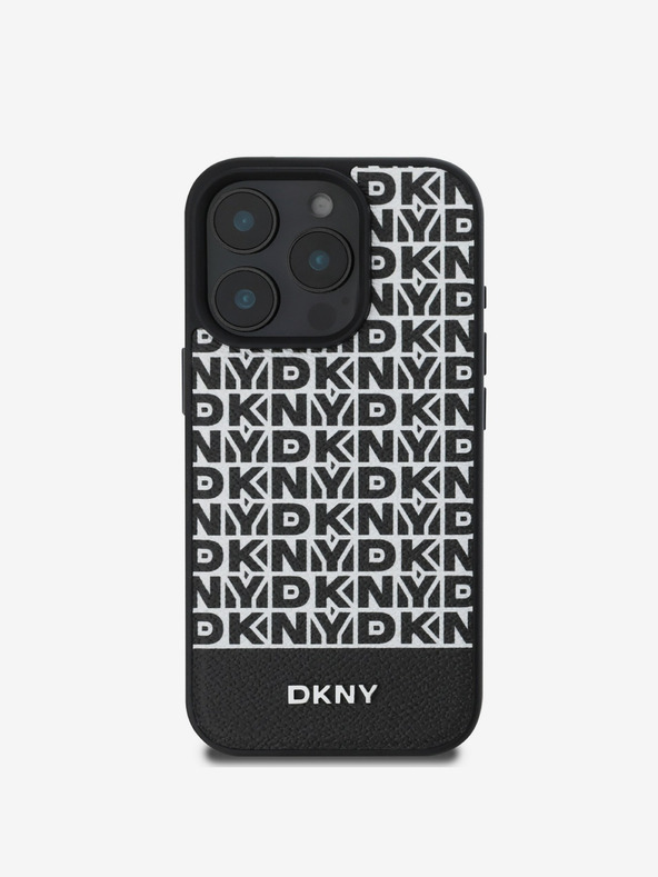 DKNY DKNY PU bőr ismétlődő mintás, alsó csíkos MagSafe hátlap iPhone 16 Pro Fekete