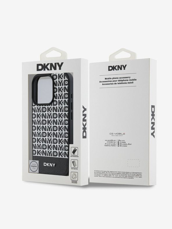 DKNY DKNY PU bőr ismétlődő mintás, alsó csíkos MagSafe hátlap iPhone 16 Pro Fekete