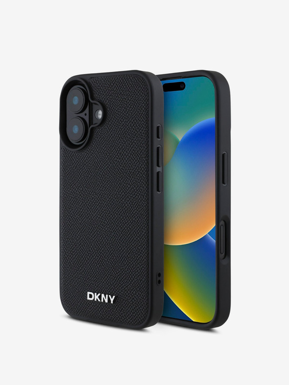 DKNY DKNY PU-bőr ezüst fém logós Magsafe hátlap iPhone 16-hoz Fekete