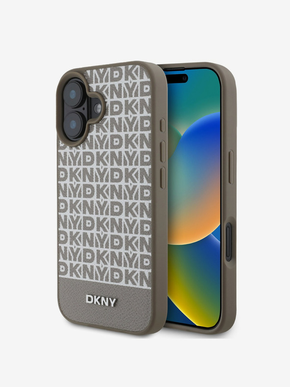 DKNY DKNY PU bőr ismétlődő mintás alsó csíkos MagSafe hátlap iPhone 16-hoz Barna