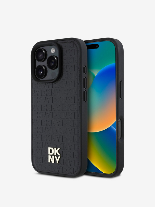 DKNY DKNY PU bőr ismétlődő mintás Stack Logo MagSafe hátlap iPhone 16 Pro Max készülékhez Fekete