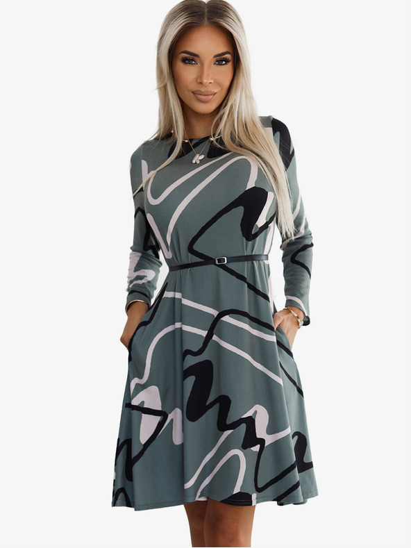 numoco Pulóveres ruha övvel - olívazöld, fekete és bézs mintával Numoco