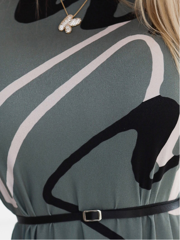 numoco Pulóveres ruha övvel - olívazöld, fekete és bézs mintával Numoco