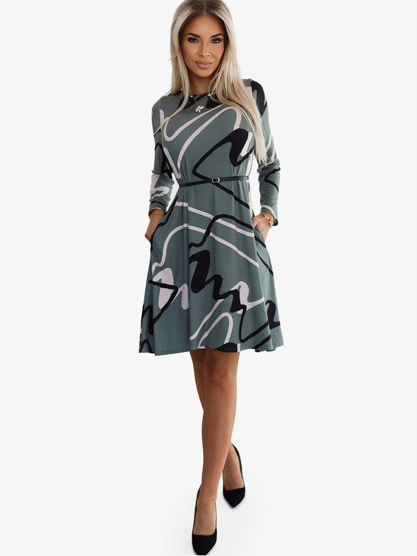 numoco Pulóveres ruha övvel - olívazöld, fekete és bézs mintával Numoco