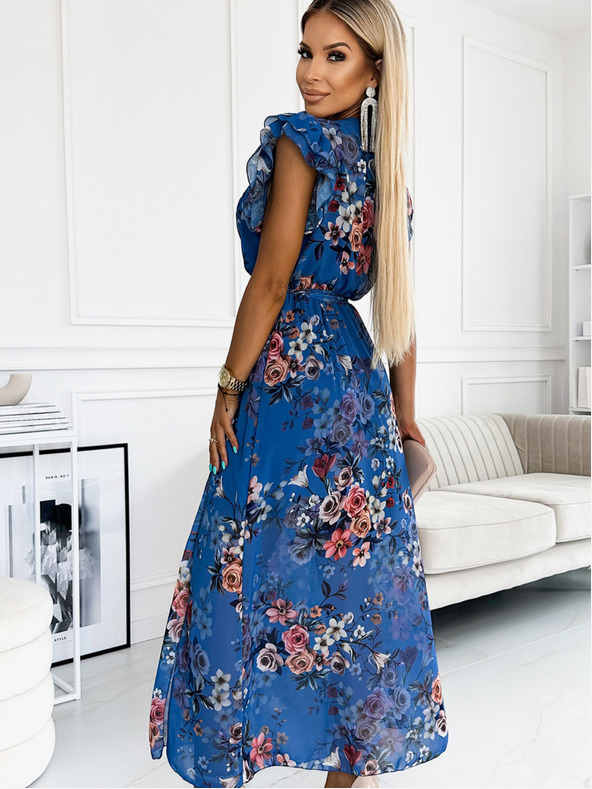 numoco Hosszú ruha nyakkivágással és rövid ujjakkal - kék virágokkal Numoco ARIA