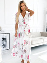 numoco Rakott midi ruha nyakkivágással és fodrokkal - tavaszi virágok fehér alapon Numoco LISA