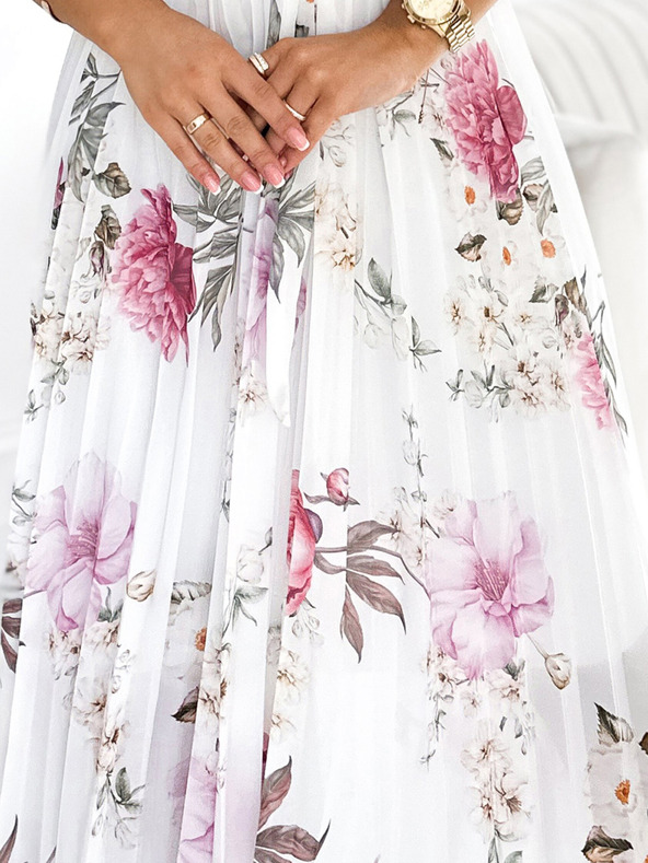 numoco Rakott midi ruha nyakkivágással és fodrokkal - tavaszi virágok fehér alapon Numoco LISA