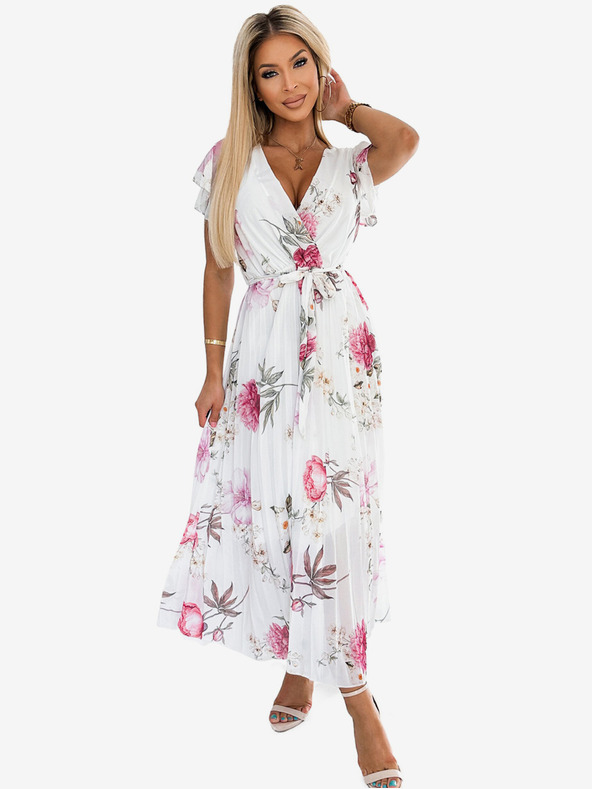 numoco Rakott midi ruha nyakkivágással és fodrokkal - tavaszi virágok fehér alapon Numoco LISA