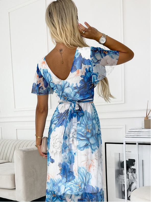 numoco Nyakkivágású ruha, hosszú derék megkötővel és rövid ujjakkal - kék nagy virágok - háló Numoco CINZIA