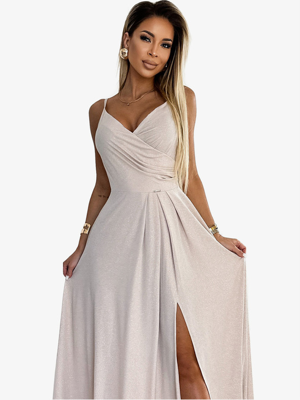 numoco Elegáns pánt nélküli maxiruha - bézs színű, csillogó Numoco CHIARA