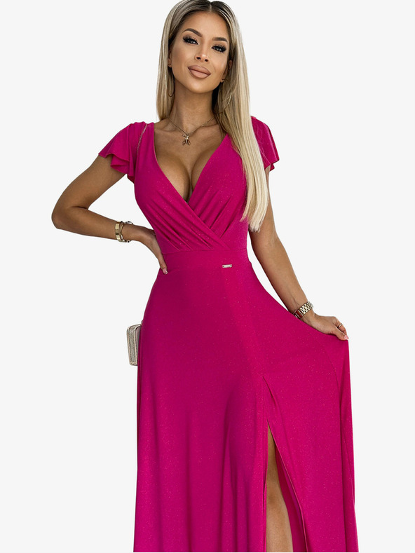 numoco Csillogó hosszú ruha dekoltázzsal - fukszia Numoco CRYSTAL