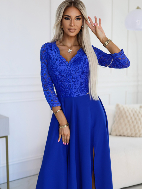 numoco Elegáns csipkés hosszú ruha szív alakú dekoltázzsal - kék Numoco AMBER AMBER