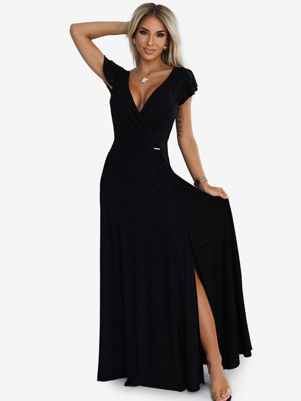 numoco Szikrázó hosszú ruha szív alakú nyakkivágással - fekete Numoco CRYSTAL