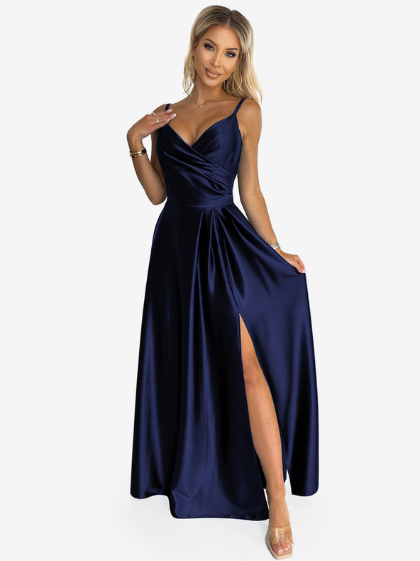 numoco Elegáns szatén pánt nélküli maxiruha - sötétkék Numoco CHIARA