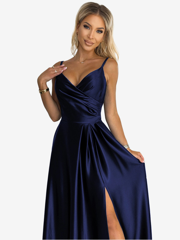 numoco Elegáns szatén pánt nélküli maxiruha - sötétkék Numoco CHIARA