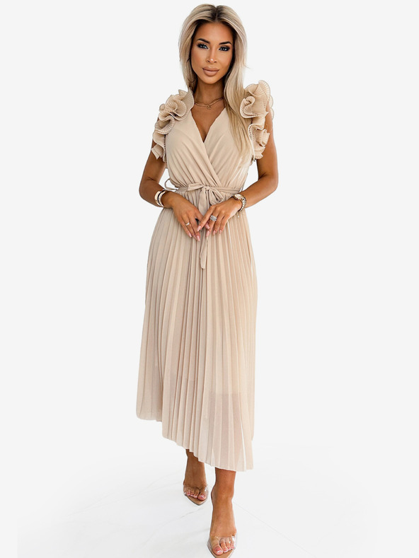 numoco Pliszírozott sifon midi ruha szív alakú nyakkivágással és finom fodrokkal - bézs Numoco MIRABELLA