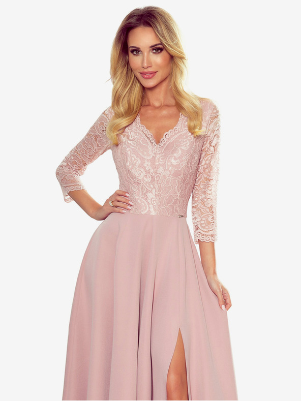 numoco Elegáns, hosszú, csipkés ruha nyakkivágással - piszkos rózsaszín Numoco AMBER