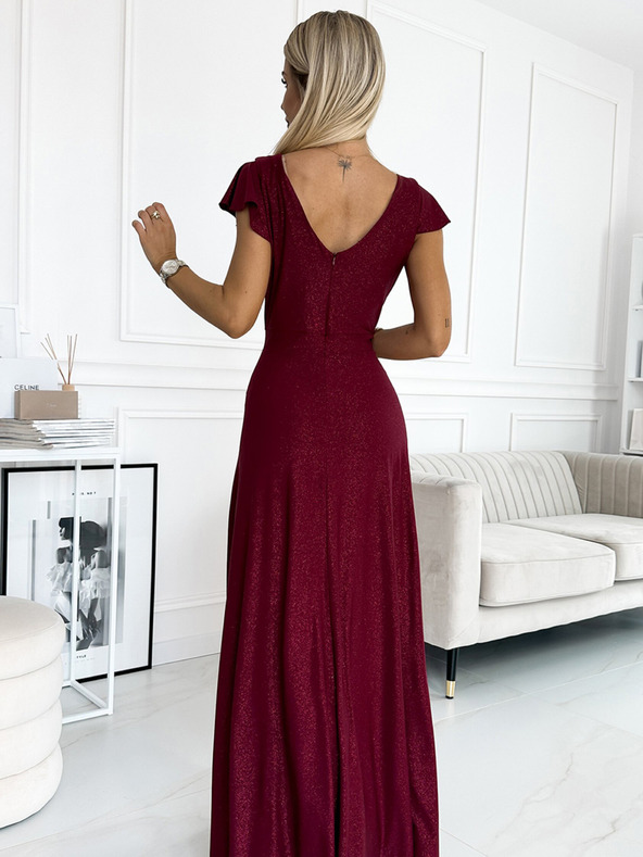 numoco Csillogó hosszú ruha nyakkivágással - bordó Numoco CRYSTAL