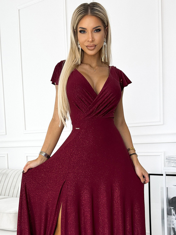 numoco Csillogó hosszú ruha nyakkivágással - bordó Numoco CRYSTAL