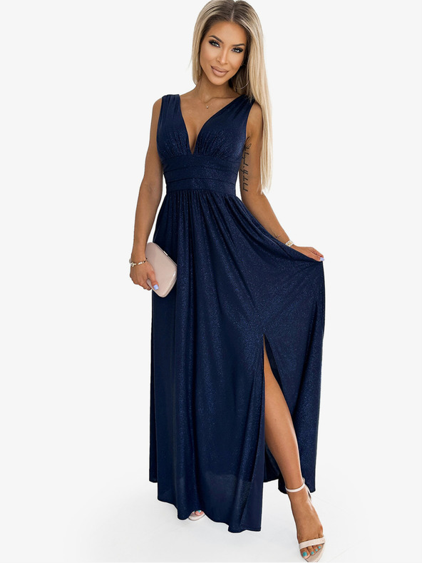 numoco Hosszú brokát ruha nyakkivágással és derékvarrással - sötétkék Numoco SUSAN