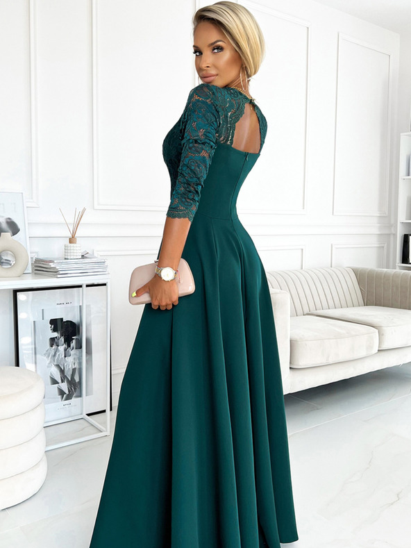 numoco Elegáns hosszú, nyakkivágású, csipkés ruha - zöld Numoco AMBER