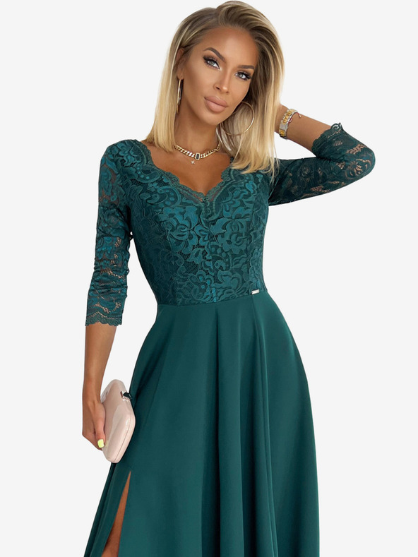 numoco Elegáns hosszú, nyakkivágású, csipkés ruha - zöld Numoco AMBER