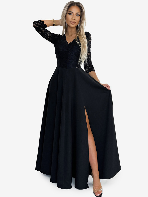 numoco Csipkés, elegáns hosszú ruha nyakkivágással és lábszárkivágással - fekete Numoco AMBER
