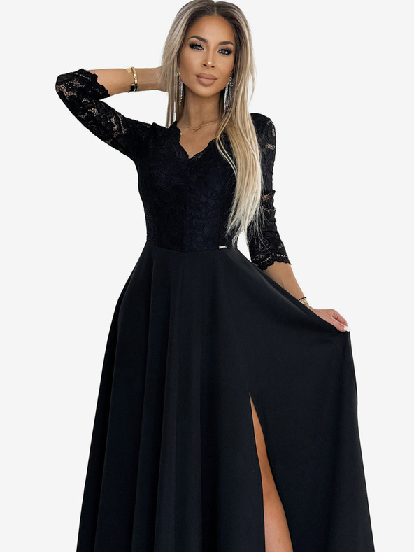 numoco Csipkés, elegáns hosszú ruha nyakkivágással és lábszárkivágással - fekete Numoco AMBER