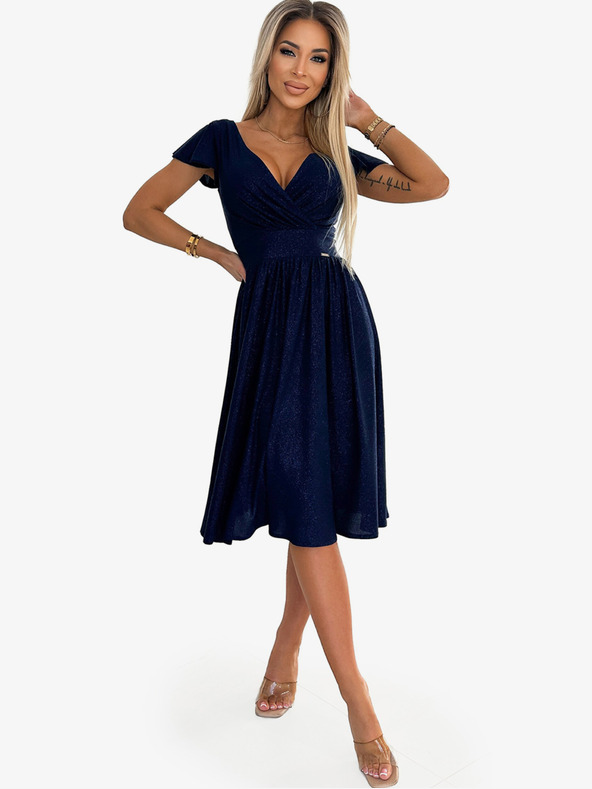 numoco Rövid ujjú ruha nyakkivágással és rövid ujjakkal - sötétkék csillogással Numoco MATILDE MATILDE