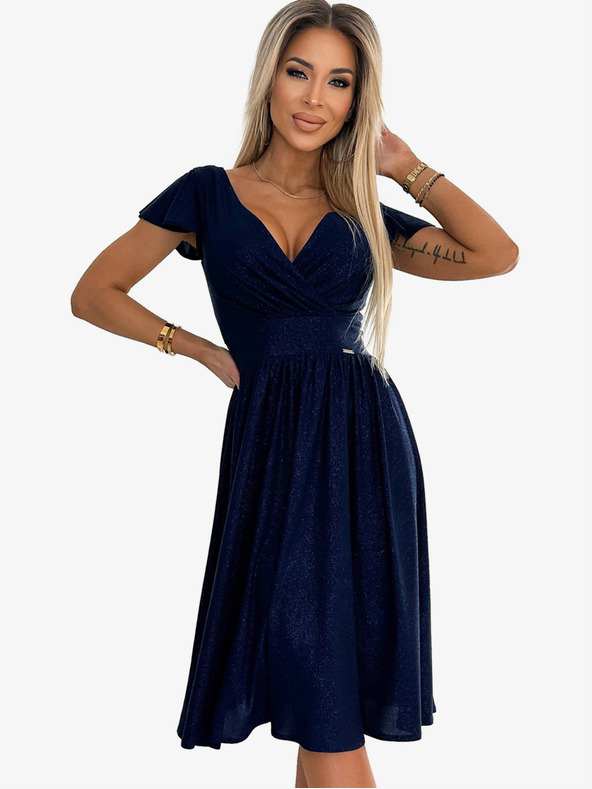 numoco Rövid ujjú ruha nyakkivágással és rövid ujjakkal - sötétkék csillogással Numoco MATILDE MATILDE