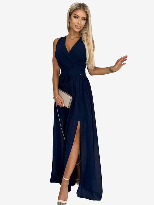 numoco Hosszú ruha nyakkivágással és nyakkendővel - sötétkék Numoco JUSTINE