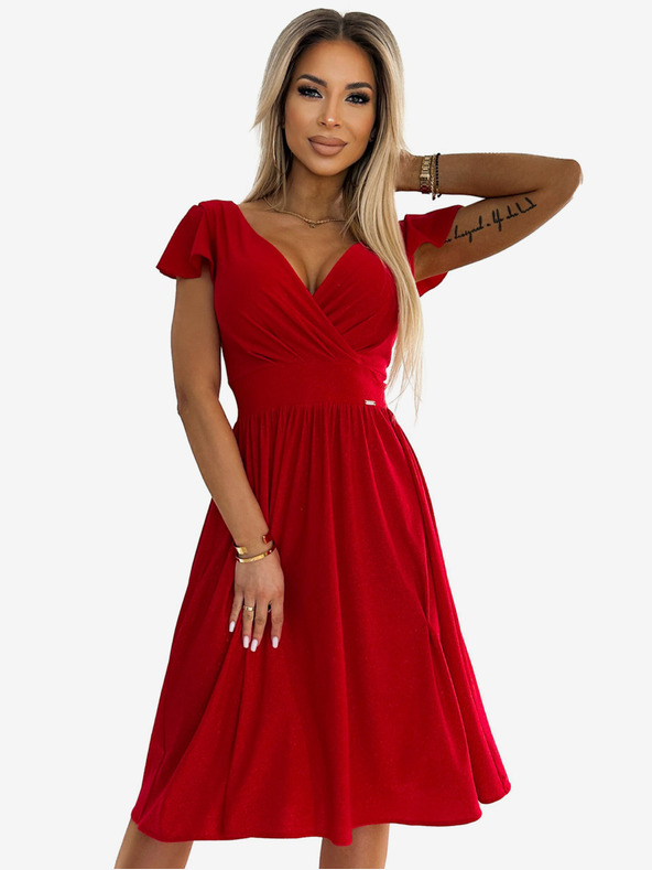 numoco Rövid ujjú, nyakba akasztós ruha - piros, csillámokkal Numoco MATILDE