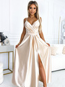 numoco Elegáns hosszú szaténruha nyakkivágással és lábszárrésszel - bézs Numoco JULIET