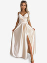numoco Elegáns hosszú szaténruha nyakkivágással és lábszárrésszel - bézs Numoco JULIET