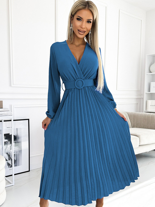 numoco Pliszírozott midi ruha, szív alakú nyakkivágással, hosszú ujjakkal és széles övvel Numoco VIVIANA