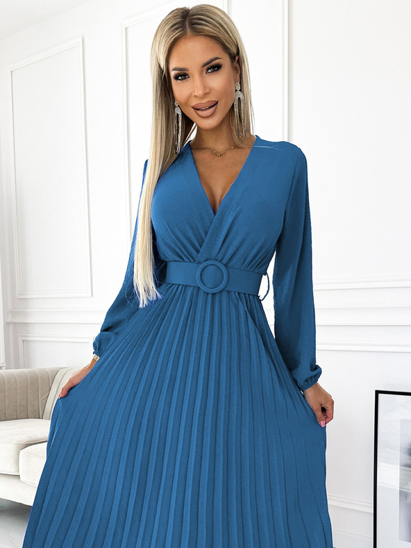 numoco Pliszírozott midi ruha, szív alakú nyakkivágással, hosszú ujjakkal és széles övvel Numoco VIVIANA