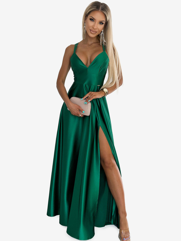 numoco Elegáns hosszú szaténruha keresztbe húzott nyakkivágással és pántokkal - zöld Numoco LUNA