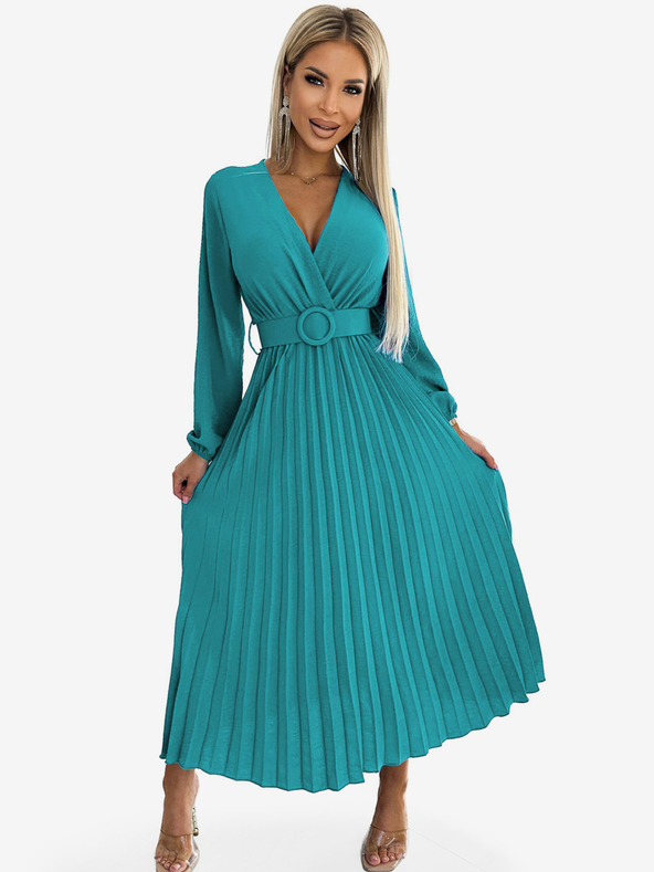numoco Pliszírozott midi ruha nyakkivágással, hosszú ujjakkal és széles övvel - tenger színű Numoco VIVIANA