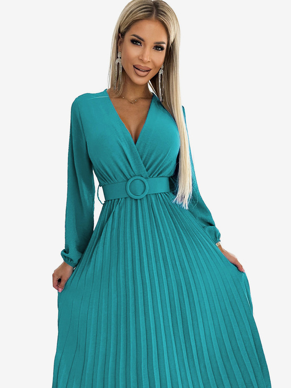numoco Pliszírozott midi ruha nyakkivágással, hosszú ujjakkal és széles övvel - tenger színű Numoco VIVIANA
