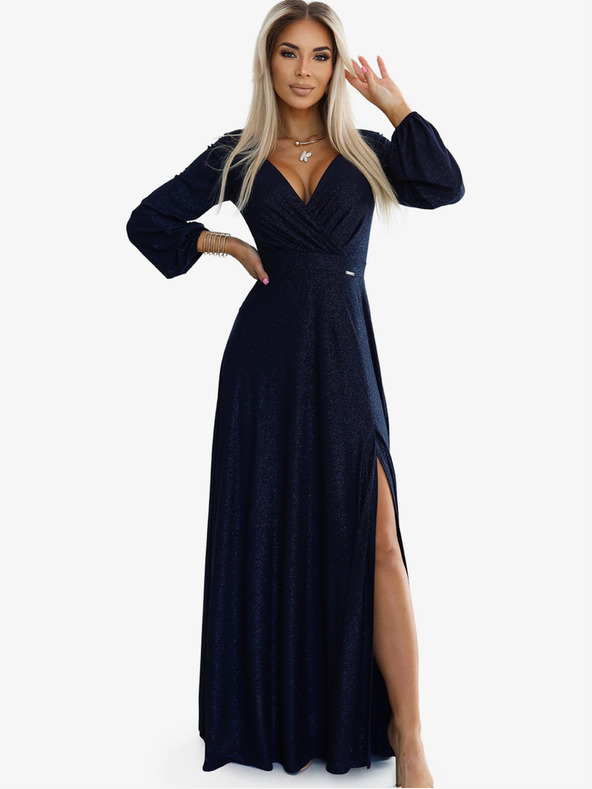 numoco Fényes hosszú ruha hosszú ujjakkal - sötétkék Numoco NELA