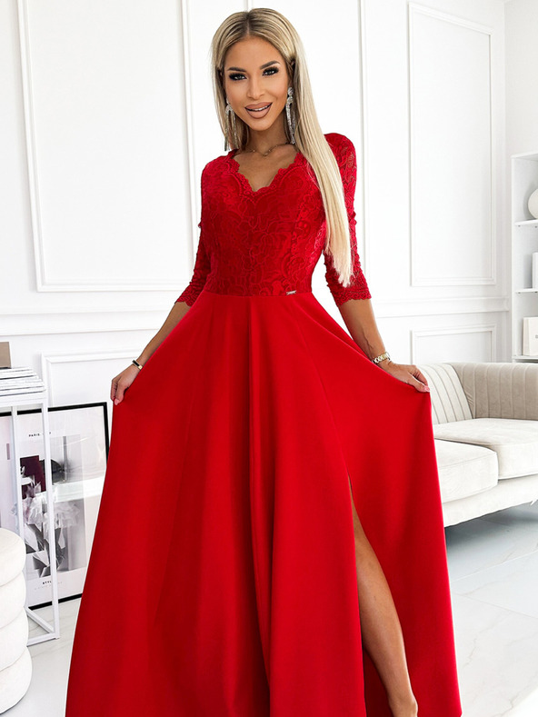 numoco Csipkés, elegáns hosszú ruha szív alakú nyakkivágással és lábszárkivágással - piros Numoco AMBER
