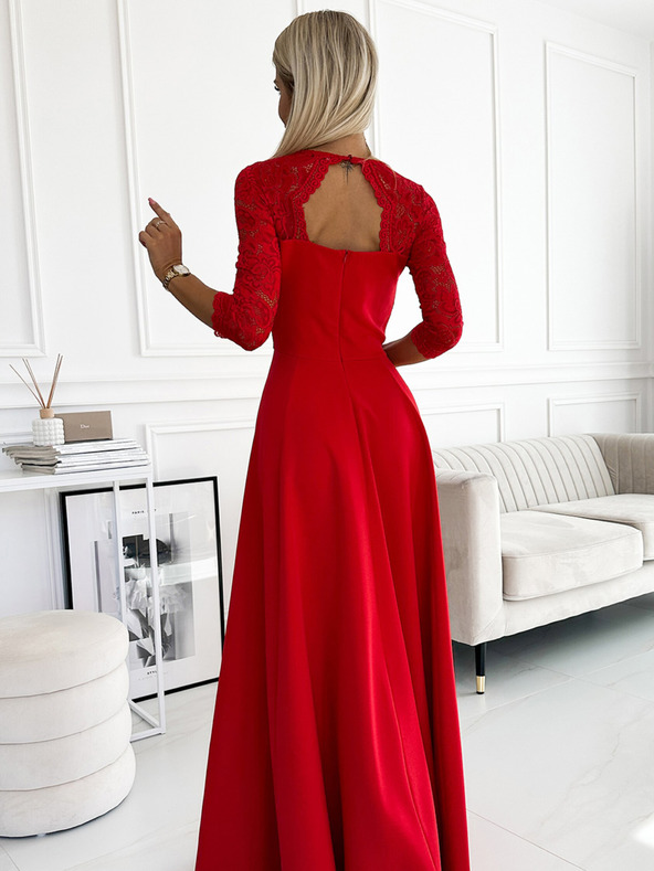 numoco Csipkés, elegáns hosszú ruha szív alakú nyakkivágással és lábszárkivágással - piros Numoco AMBER