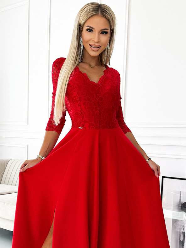 numoco Csipkés, elegáns hosszú ruha szív alakú nyakkivágással és lábszárkivágással - piros Numoco AMBER