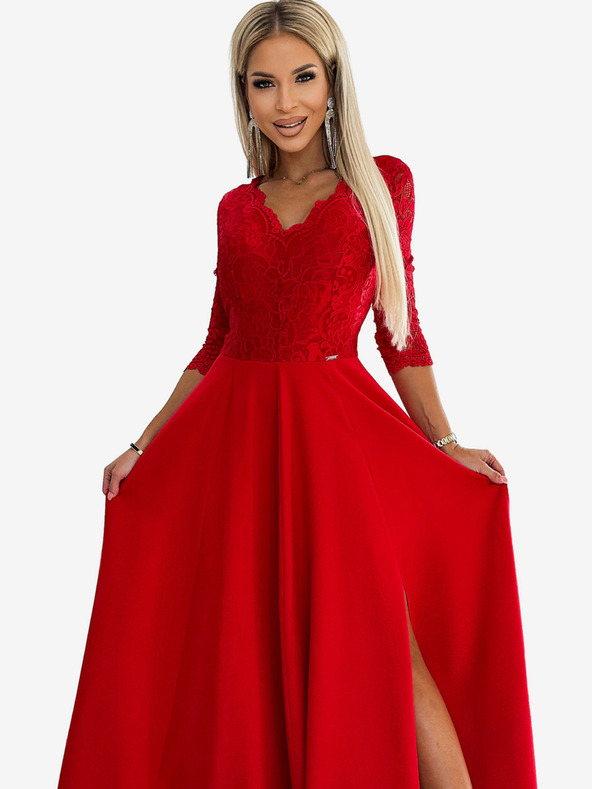 numoco Csipkés, elegáns hosszú ruha szív alakú nyakkivágással és lábszárkivágással - piros Numoco AMBER