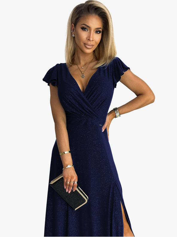 numoco Csillámos hosszú ruha nyakkivágással - sötétkék Numoco CRYSTAL