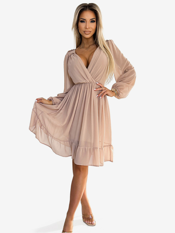 numoco Sifon midi ruha hosszú ujjakkal és nyakkivágással - bézs Numoco MILA