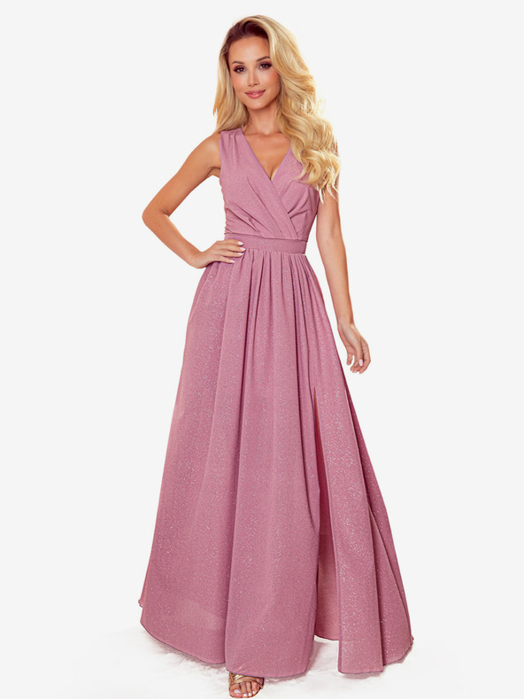 numoco Hosszú ruha nyakkivágással és nyakkendővel - púderrózsaszín csillogással Numoco JUSTINE