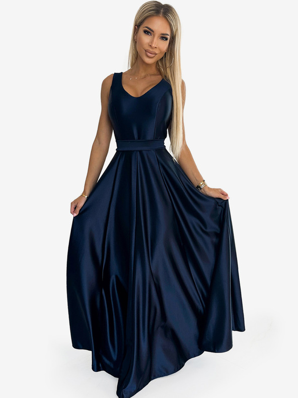 numoco Hosszú szatén midi ruha dekoltázzsal és masnival - sötétkék Numoco CINDY CINDY