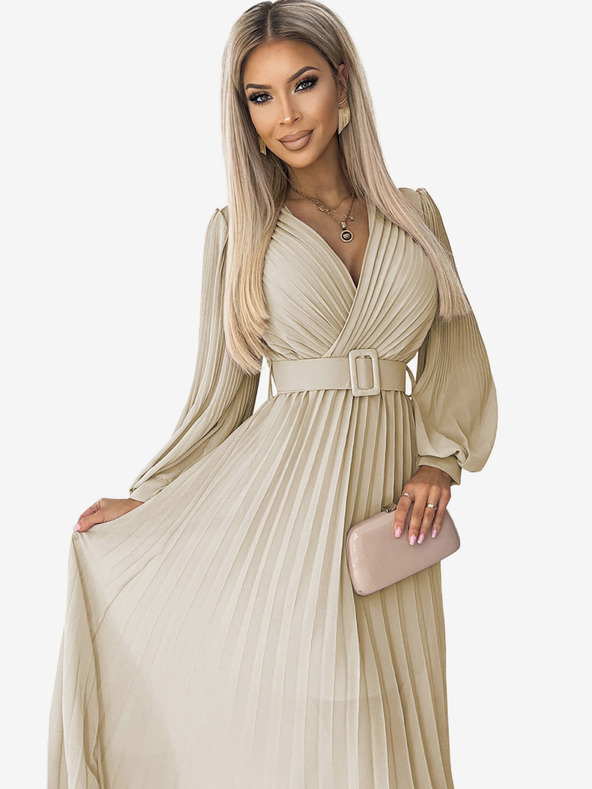 numoco Öves ruha övvel és dekoltázzsal - bézs Numoco KLARA